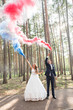 Wedding couple with color smoke in the summer park. Colour bomb