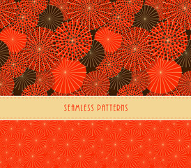 A set of two Japanese style umbrella and fireworks seamless patterns in a red and brown color palette