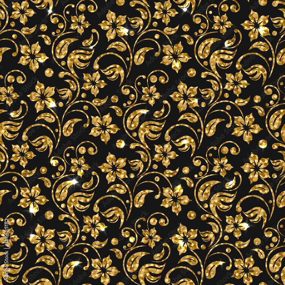 Vector seamless damask pattern with flowers. Golden glitter pattern ...