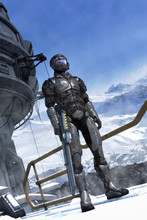 Futristic Soldier And Mountains With Snow