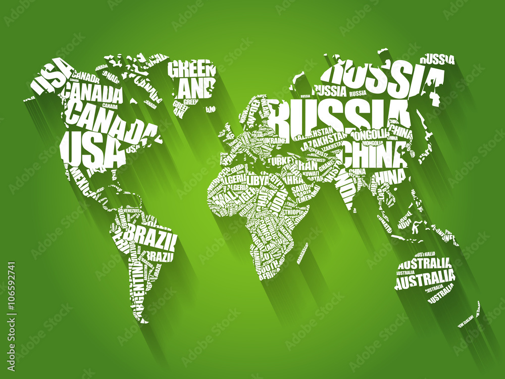 Mapa świata złożona z nazw krajów - obrazy, fototapety, plakaty 
