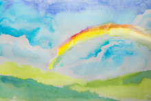 Abstract Watercolor Hand Painted Landscape Background Textured Paper Rainbow In The Sky