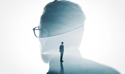 photo of modern bearded banker wearing glass isolated white. double exposure stylish adult businessm