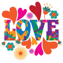 Sixties Style Mod Pop Art Psychedelic Colorful Love Text Design.