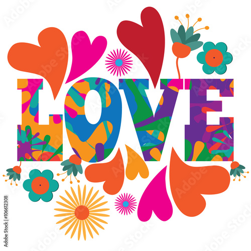 Poster Sixties style mod pop art psychedelic colorful Love text design.
