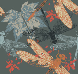  Autumn pattern with maple leaf and dragonfly