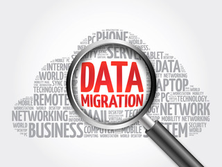 Poster - data migration word cloud with magnifying glass, business concept