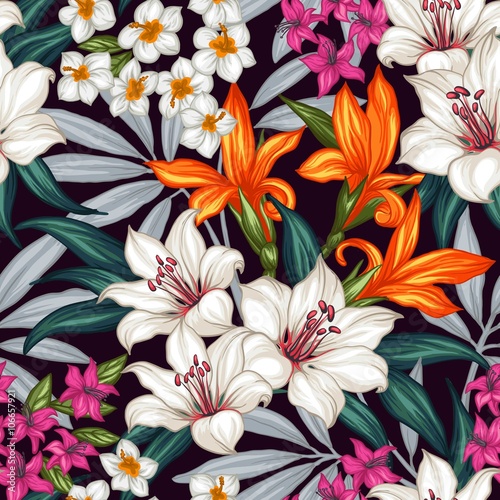 Dekoracja na wymiar  egzotyczny-wzor-z-tropikalnych-lisci-i-kwiatow-kwitnaca-dzungla-ilustracja-wektorowa