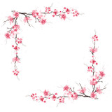 Fototapeta Konie - Spring sakura cherry frame. Original watercolor pattern.