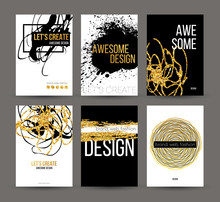 A Set Of Brochures With Golden Hand-drawn Design Elements. Vector Brochure Templates, Posters, Flyers, Brand. Golden, Black, White Backgrounds, Patterns, Textures And Elements. Vector Illustration 