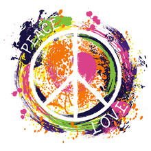 Hippie Peace Symbol. Peace And Love. Colorful Hand Drawn Grunge Style Art. Design Concept For Banner, Card, Scrap Booking, T-shirt, Bag, Print, Poster. Vintage Vector Illustration