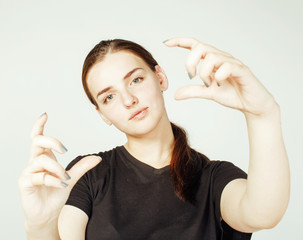 Wall Mural - young pretty teenage girl making selfie isolated on white background close up