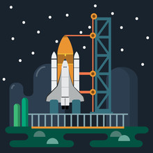 Rocket Before Launch. Galaxy Exploration. Space Rocket And Launch Tower On Earth. Vector Digital Illustration. Digital Background Vector Illustration.