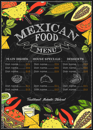 Mexican food background restaurant menu with traditional spicy dish ...