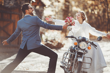 Wall Mural - wedding couple spending their sunny auttumn happy day