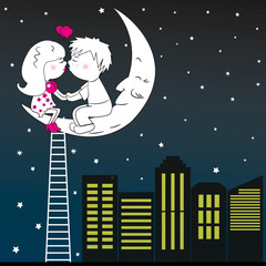 A loving couple kissing sitting on the moon at night, vector.