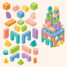 Colored Building Blocks For Children. Vector Set. 3d Isometric  Illustration