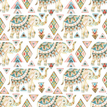 Indian Elephant Watercolor Seamless Pattern