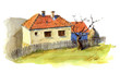 Watercolour sketch of a group of village houses with wooden fence