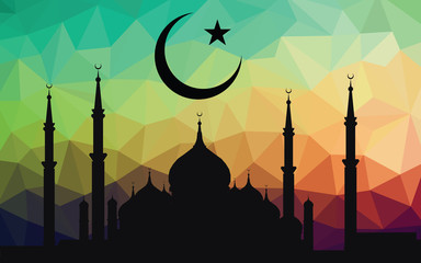 moon star and masjid on low poly vector background