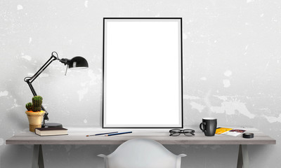 Poster - Isolated poster frame on office desk for mockup. Lamp, cactus, pencils, glasses, book, cup of coffee on table.