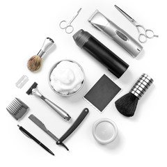 Wall Mural - Black photo, shaving set with equipment, tools and foam, isolated on white