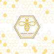 Outline bee vector symbol and seamless background with honeycombs. Organic honey linear logo, label, tags design elements. Concept for honey package, banner, wrapping. Abstract food background. 
