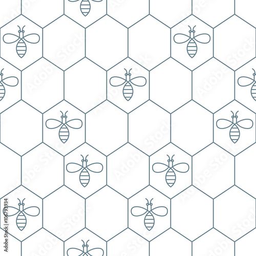 Cotton fabric Vector seamless pattern with outline bees and honeycombs. Simple black and white honey background. Concept for honey package, label, wrapping.
