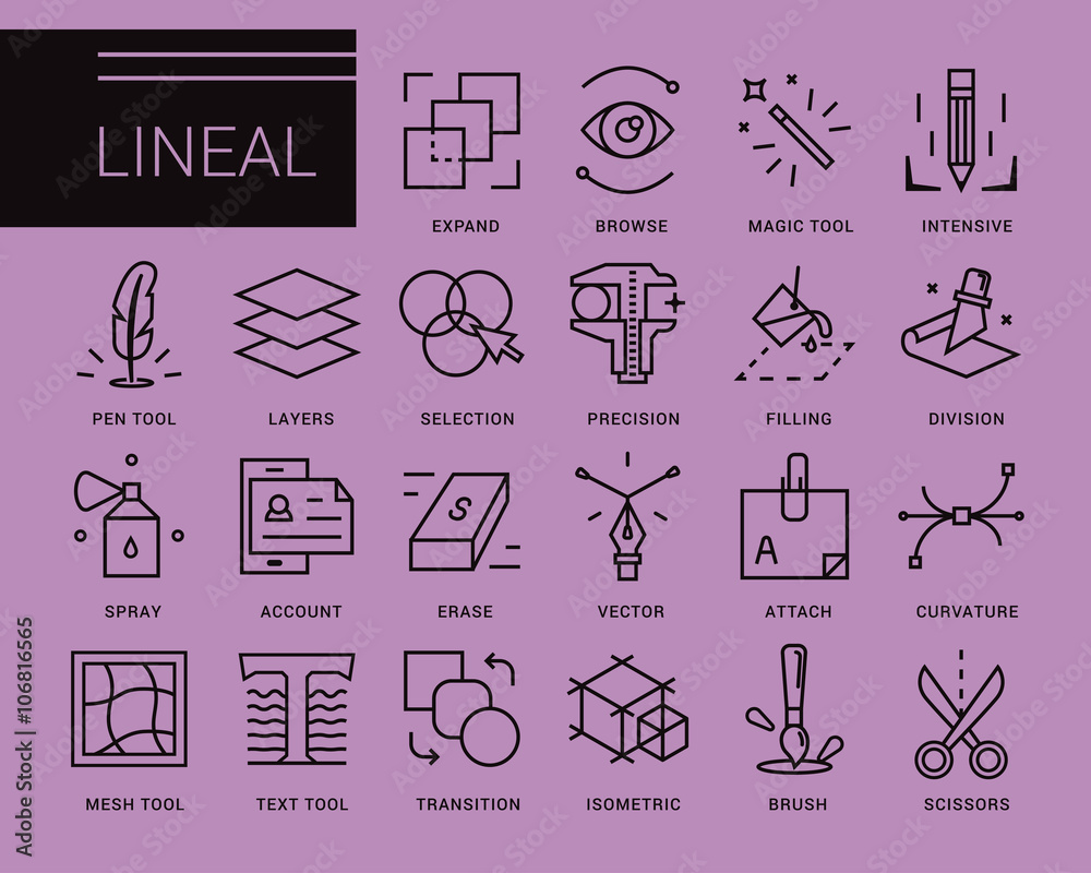 Line vector icons in a modern style. Software tools for drawing and ...