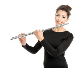 Wall Mural - Beautiful young woman with flute isolated on white