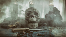 Skull Voodoo Smoke Ritual. Voodoo Related Objects On A Table Including A Skull, A Knife And Candles. Smoke Or Mist.