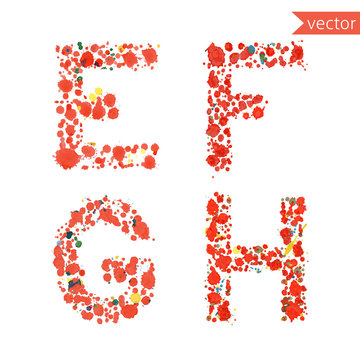 decorative letters E, F, G, H made from red drops and blots