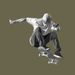 Skateboarder doing a jumping trick, low poly vector illustration.