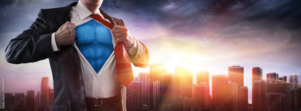 Businessman Superhero With Sunset In City
 - obrazy, fototapety, plakaty 