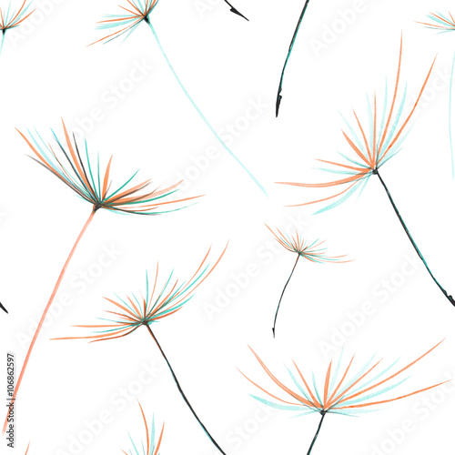 Obraz w ramie Seamless floral pattern with the watercolor dandelion fuzzies, hand drawn on a white background