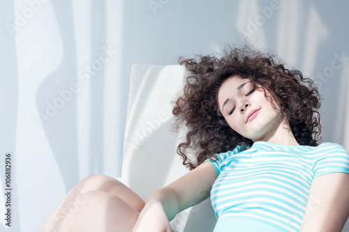 Brown Wavy Hair A Short Turquoise Dress And White Socks Portrait