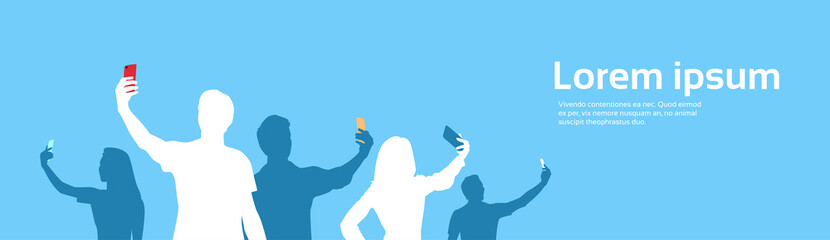 Poster - people group silhouette taking selfie photo on cell smart phone banner copy space