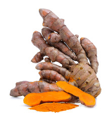 Wall Mural - Turmeric roots and turmeric powder on white background