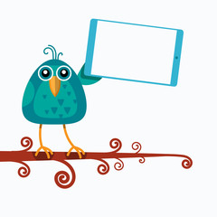 Poster - bird sitting on branch hold tablet modern computer