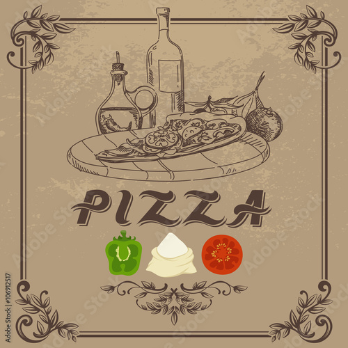 Vintage Doodle Illustration de Pizza Poster Mural XXL