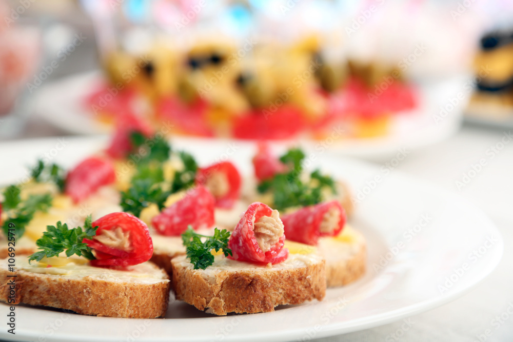 Set of cold snacks and canape, closeup