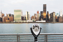 View Of Tourist Binoculars Toward East River And Manhattan Skyline, New York, USA