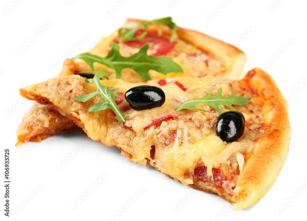 Slices of fresh baked pizza isolated on white