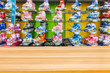 Supermarket blur roller skate background with wood desktop