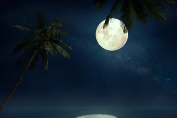 Wall Mural - Beautiful tropical beach with Milky Way star in night skies, full moon - Retro style artwork with vintage color tone(Elements of this moon image furnished by NASA)