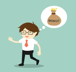 Business concept, Businessman thinking about bonus and feeling happy. Vector illustration.