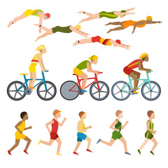 Triathlon athletes design stylized symbolizing competition race athlete man character vector. 