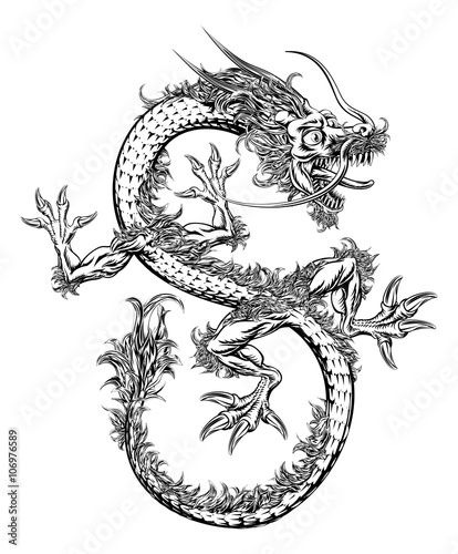 chinski-lub-japonski-orientalny-smok-ilustracja-czarno-biala