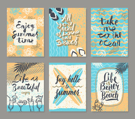Wall Mural - Vector set os summer holidays and tropical vacation hand drawn posters or greeting card with handwritten calligraphy quotes,  words and phrases.