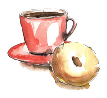 Watercolor Cup Of Coffee And A Donut On A White Background